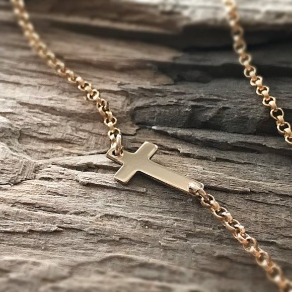 Gold Sideways Cross Necklace - 18 Inches - Picture 2 of 7